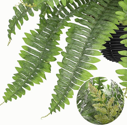 Artificial Fern Hanging Basket Plant 25" Boston Ferns 31 Leaves Greenery Plants with Rattan Pot for Outdoors & Indoor Fake Fern Bush Plant in Pot for Patio Entrance Porch Garden Decor Dusty Green