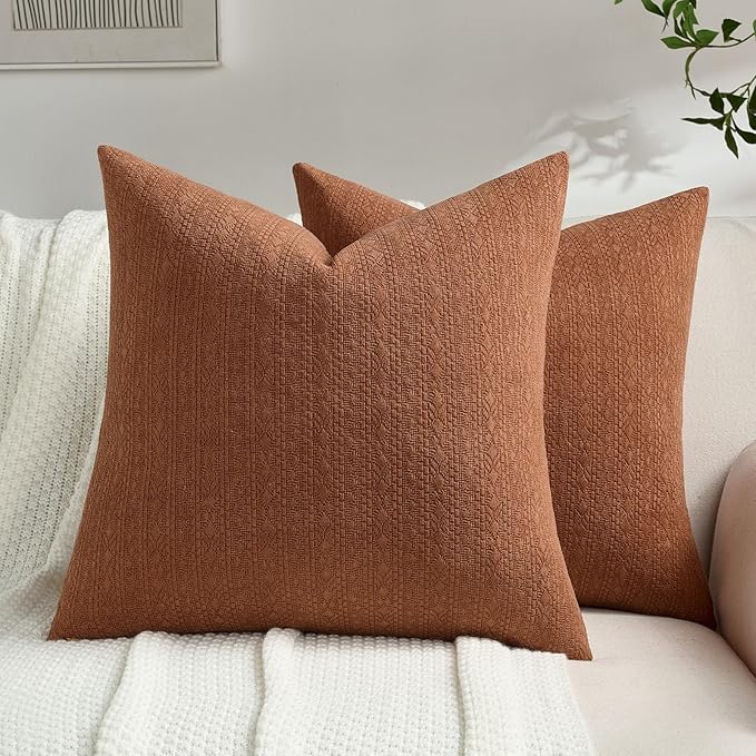 FUTEI Rust Chenille Throw Pillow Covers 16x16 Inch Set of 2,Soft Striped & Diamond Textured Cushion Cases,Modern Home Decor for Couch Living Room