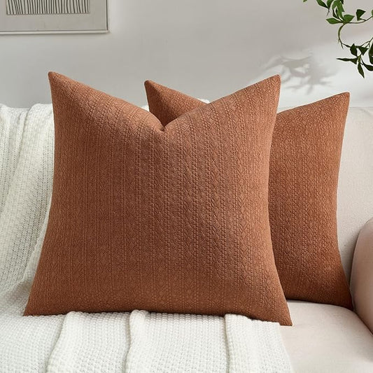 FUTEI Rust Chenille Throw Pillow Covers 16x16 Inch Set of 2,Soft Striped & Diamond Textured Cushion Cases,Modern Home Decor for Couch Living Room