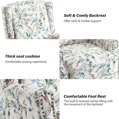 Pushback Recliner Chair Set of 2, Floral Fabric Wingback Recliner Chair, Upholstered Armchair Push Back Recliner, Rivet Trim Single Sofa Accent Chair with Wood Legs for Living Room, Bird