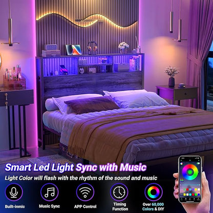 Aheaplus Headboard for Full Size Bed with Storage, Headboards with Outlets, USB Ports and LED Light, Full Size Head Board Only, Height Adjustable, Reversible, Sturdy and Stable Headboard, Black Oak
