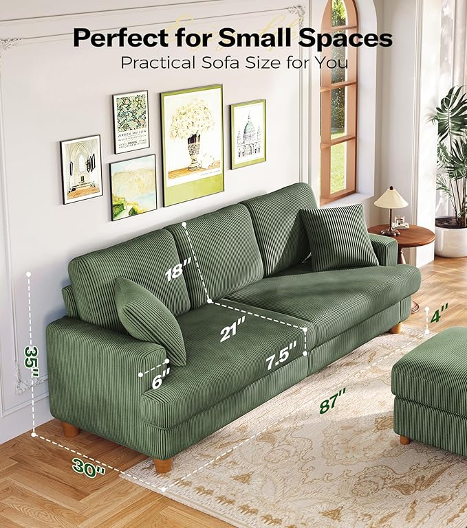 87in Corduroy Couch, Kidirect Sofa No Tool Assembly, Comfy Couches for Living Room 21in Deeper Seats, Corduroy Sofas for Living Room with 2 Pillows, Oversized Loveseat Sofa, Boho Love Seat Green Couch