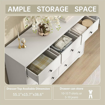 55 Inch Wide White Dresser for Bedroom, 9 Drawer Dresser with Large Drawers, Wood Chest for Living Room, Hallway