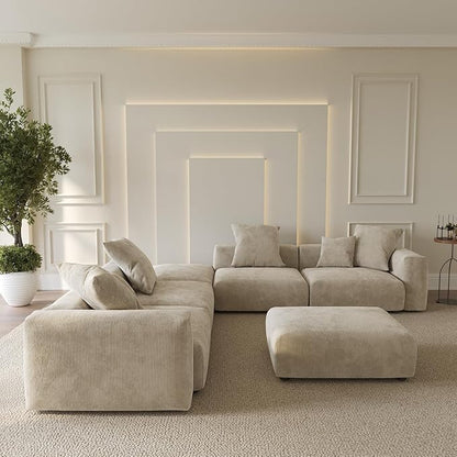 WJShome Oversized Modular Sectional Sofa with Ottomans,6 Seater Corduroy V Shaped Reversible Corner Couch,141.73" Convertible Sofa & Couch Free Combination for Living Rooom,Beige