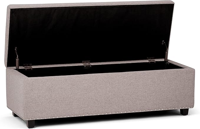 SIMPLIHOME Hamilton 48 inch Wide Transitional Rectangle Storage Ottoman in Cloud Grey Linen Look Fabric, Assembled, For the Living Room, Entryway and Family Room