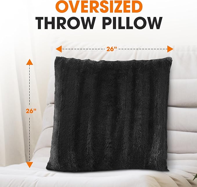 Cheer Collection Faux Fur Throw Pillows - Decorative Pillows for Couch, Bed Throw Pillows, Black Accent Pillows for Bedroom or Living Room Aesthetic, Set of 2 Furry Throw Pillows, 26" x 26"