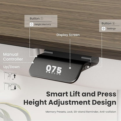 COLAMY Electric Standing Desk, Whole-Piece Gaming Desk with Dual Motors, Ergonomic Footrest, Drawers for Storage, Adjustable Height Sit-Stand Desk for Home Office (Veneer Desktop, Walnut + White)