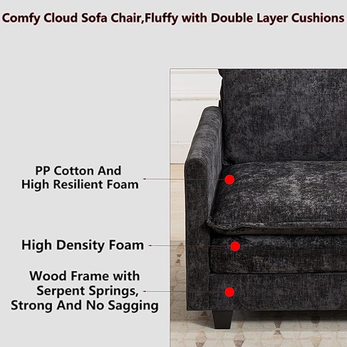 Aoowow Chenille Upholstered Accent Chair Oversized,Fluffy Single Cloud Sofa Chairs with Deep Seat,Modern Large Reading Arm Chair with Throw Pillow for Living Room,Bedroom (Black, Single Sofa Chair)