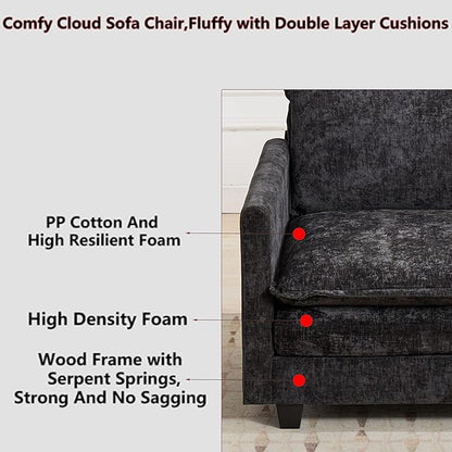 Aoowow Chenille Upholstered Accent Chair Oversized,Fluffy Single Cloud Sofa Chairs with Deep Seat,Modern Large Reading Arm Chair with Throw Pillow for Living Room,Bedroom (Black, Single Sofa Chair)