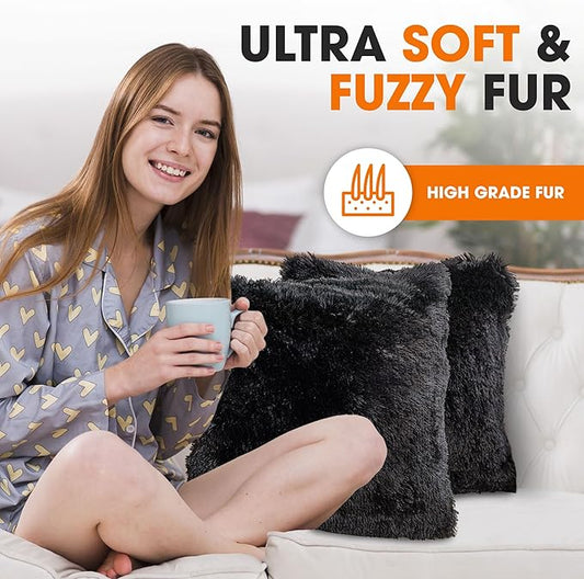 Cheer Collection Throw Pillows for Couch and Bed, Soft Shaggy Throw Pillows with Inserts Included, Cozy Long Hair Faux Fur Pillows - Set of 2-20" x 20" - Black