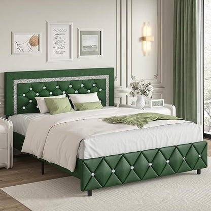 BarnFurin Queen Size Bed Frame with Headboard, Faux Leather Upholstered Bed with Diamond Tufted Design, Modern Bed Frame with Wooden Slats Support, No Box Spring Required, Easy Assembly, Green