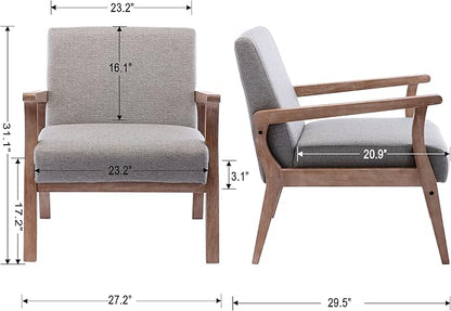 Mid Century Modern Accent Chair, Linen Upholstered Living Room Accent Armchair with Wood Frame, Farmhouse Chair for Living Room Bedroom, Gray
