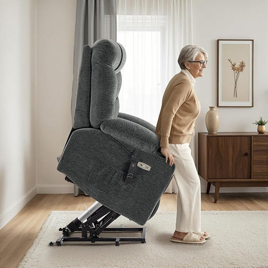 MCombo Oversized Power Lift Recliner Chair with Extended Footrest for Elderly People, Fabric R7289 (Dark Gray, Medium-Oversize)