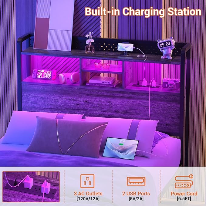 Unikito Headboard for Twin Size Bed with Storage Shelf, Head Board with 3 Outlets and 2 USB Ports, Headboards with RGB LED Light, Height Adjustable, Sturdy and Stable, Easy Assembly, Black Oak