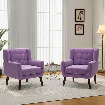 Accent Chair, Mid-Century Modern Velvet Fabric Chairs with Arms for Living Room, Comfy Upholstered Club Single Sofa Armchair for Bedroom Waiting Room with Solid Wood Frame (Velvet Purple, Set of 1)