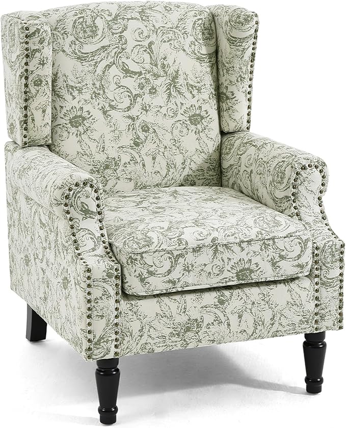 Wingback Accent Chair, High Back Upholstered Armchair, Printed Fabric Wingback Arms Chairs with Wood Legs, Single Sofa Reading Chair for Bedroom Living Room, Green Pattern