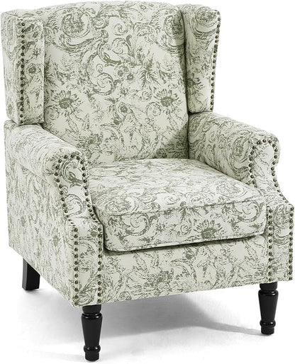 Wingback Accent Chair, High Back Upholstered Armchair, Printed Fabric Wingback Arms Chairs with Wood Legs, Single Sofa Reading Chair for Bedroom Living Room, Green Pattern