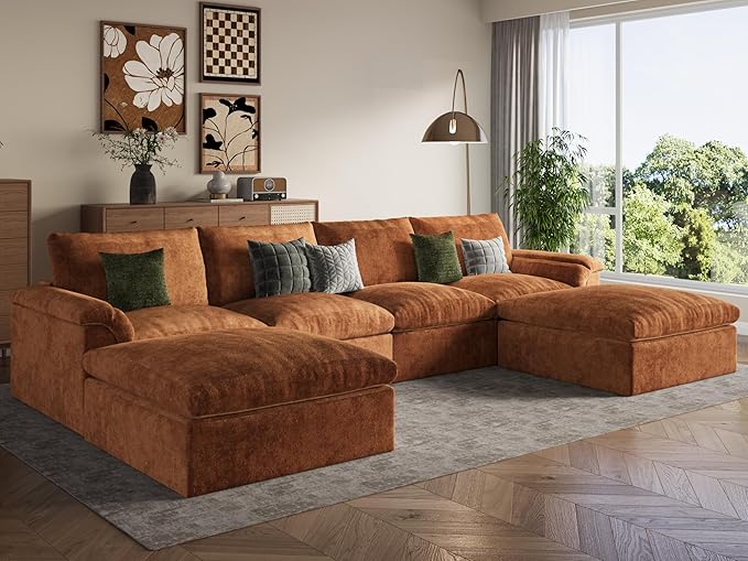 EASE MOOSE Boneless Modular Cloud Couch, U-Shaped Oversized Sectional Sofa for Living Room with Ottoman, Extra Large Movable Couches, 6-Deep-Seat Sofas for Bedroom, Apartment, Chenille (Brown)
