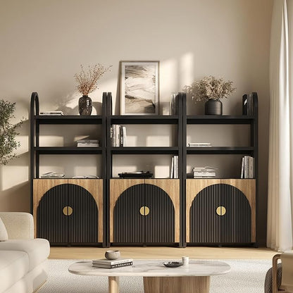 BELLEZE Book Shelf 72" Tall Arched Bookcase with Storage, 5 Tier Mid Century Modern Fluted Bookshelf with Doors, Modular Bookshelves for Living Room Office Library, Set of 3 (Camel)