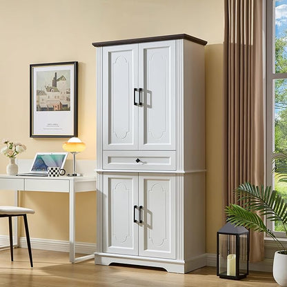 71" White Tall Pantry Cabinet with Drawer and Adjustable Shelves, Modern Storage Cabinet with Doors, Kitchen Buffet Cabinet, Food Pantry Storage Cabinet, Coffee Bar, Living Room and Dining Room