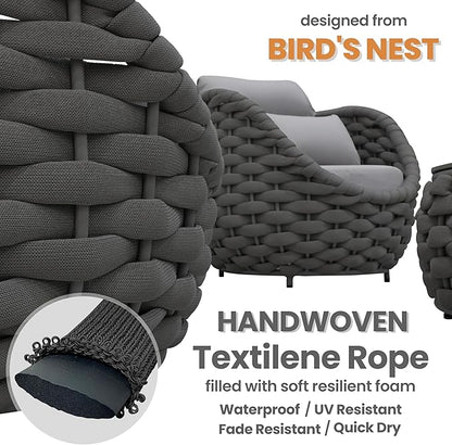 3 Pieces Woven Rope Patio Furniture Sofa Sets: Aluminum Outdoor Conversation Set of 2 - Assembled Modern Cushions Couch Armchair Table Set - All Weather for Indoor Deck Porch Pool Hotel