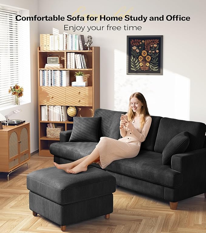 87in Corduroy Couch, Kidirect Sofa No Tool Assembly, Comfy Couches for Living Room 21in Deeper Seats, Corduroy Sofas for Living Room with 2 Pillows, Oversized Loveseat Sofa, Boho Love Seat Black Couch