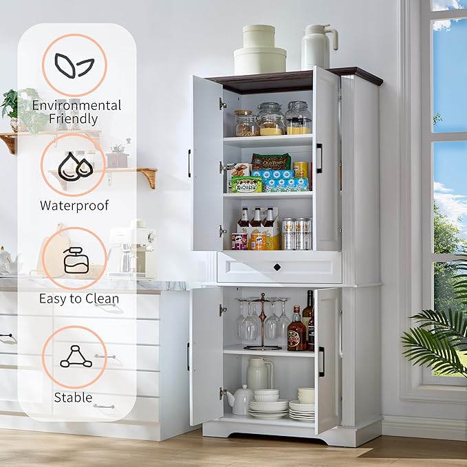 71" White Tall Pantry Cabinet with Drawer and Adjustable Shelves, Modern Storage Cabinet with Doors, Kitchen Buffet Cabinet, Food Pantry Storage Cabinet, Coffee Bar, Living Room and Dining Room