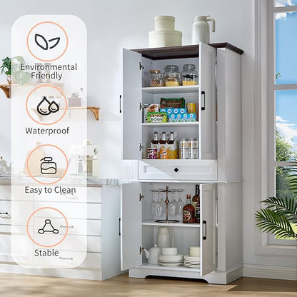 71" White Tall Pantry Cabinet with Drawer and Adjustable Shelves, Modern Storage Cabinet with Doors, Kitchen Buffet Cabinet, Food Pantry Storage Cabinet, Coffee Bar, Living Room and Dining Room