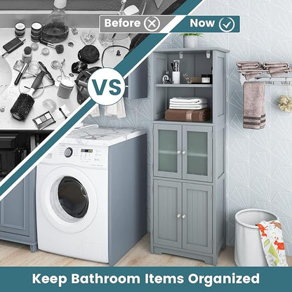 LOKO Tall Bathroom Cabinet, Modern Storage Organizer with Doors & Open Shelves, Wooden Floor Cabinet with Adjustable Shelves for Bathroom, Living Room or Kitchen (Grey)