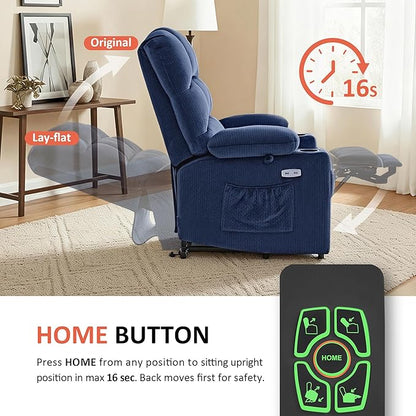 MCombo Dual Motor Power Lift Recliner Chair with Massage and Heat for Elderly People, Infinite Position, USB Ports, Cup Holders, Fabric 7679 (Medium, Navy Blue)