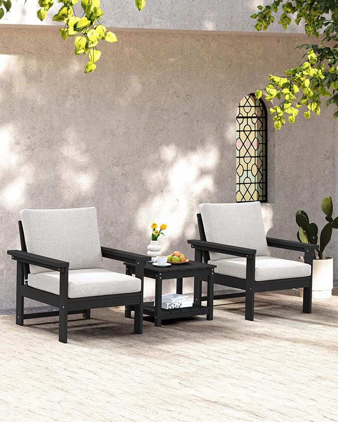 SERWALL Outdoor Patio Sofa Set, 2-Piece HDPE Single Seat Outdoor Sofa Chair with Padded Cushions, Black Frame with Beige Cushion