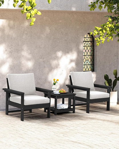 SERWALL Outdoor Patio Sofa Set, 2-Piece HDPE Single Seat Outdoor Sofa Chair with Padded Cushions, Black Frame with Beige Cushion