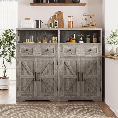 Small Farmhouse Storage Cabinet with Barn Doors, Farmhouse Kitchen Pantry Cabinet, Tall Coffee Bar with Storage, Hutch Cupboard for Kitchen, Laundry, Living Room, Washed Grey