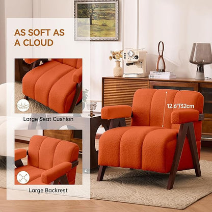 Accent Chair Mid-Century Modern with Wide Backrest for Bedroom, Upholstered Living Room Chair with Wooden, Lounge Armchair with Thick Cushion, Cute Teddy Comfy Chair, Orange