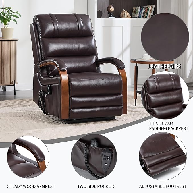 Dual Motor Recliner Lift Chair with Heat and Massage, Heavy Duty Leather Power Lift Recliner Chair Idea Gifts for Seniors, Stand Assistance, Dark Brown