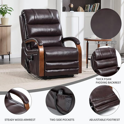 Dual Motor Recliner Lift Chair with Heat and Massage, Heavy Duty Leather Power Lift Recliner Chair Idea Gifts for Seniors, Stand Assistance, Dark Brown