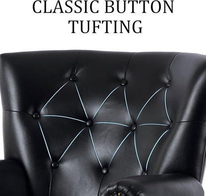 Modern Faux Leather Accent Chair, Upholstered Mid-Century Armchair with Solid Wood Legs, Single Sofa Chair for Living Room, Bedroom, or Reading Room（Black）