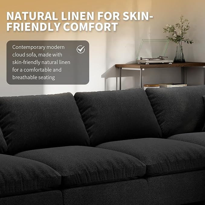 Linen Sleeper Sofa Bed,Modern Sectional Sofa Couch for Living Room,95.4 Inch Cloud Couches Cushion Covers Removable,Cozy Feather Down Sofa for Apartment Black