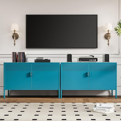 Blue Metal Storage Cabinet with Doors and Shelf, 2 Door Locker Storage Cabinet for Home and Office, 2 Tier Low Metal Tv Stand Cabinet