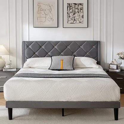 Full Size Platform Bed Frame with Velvet Upholstered Headboard and Sturdy Wooden Slats Support,Mattress Foundation，Easy Assembly, No Box Spring Needed,Slip Resistant (Grey, Full)