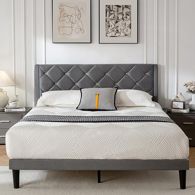 Queen Size Platform Bed Frame with Velvet Upholstered Headboard and Sturdy Wooden Slats Support,Mattress Foundation，Easy Assembly, No Box Spring Needed,Slip Resistant (Grey, Queen)