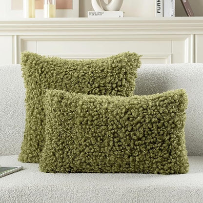 FUTEI Olive Green Decorative Throw Pillow Covers 24x24 Inch Set of 2,Soft Fluffy Faux Wool Fur Boucle Textured European Cushion Case,Modern Home Decor for Couch Bed Living Room Office
