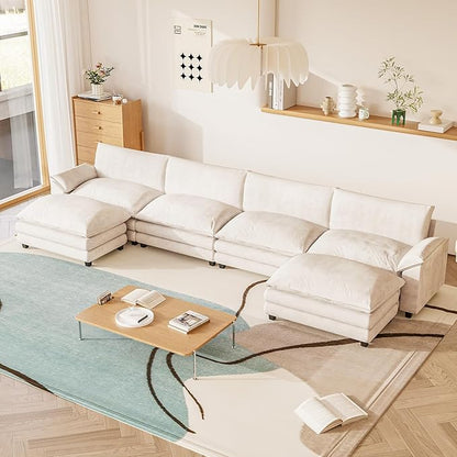 Furniwell Modular Sectional Sofa with Moveable Ottoman, Oversized 3-Seater Couch with Supportive Backrest, Chenille Convertible Sofa Couches for Living Room/Apartment (Whtie, U Shaped)
