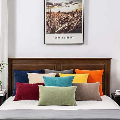 GAWAMAY Lumbar Decorative Rectangle Throw Pillow Covers 12"x20" Inch Set of 2, Super Soft Chenille Throw Pillowcase for Sofa Living Room Bedroom Couch Cushion Cover Sage Green 30x50cm (ONLY Covers)