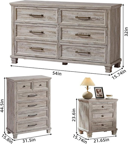 Farmhouse Bedroom Dresser and Nightstand Set of 4, 6 Drawer Tall & Low Dresser & 3 Drawer Nightstand Set with Wooden Legs, Rustic Wood Bedroom Furniture Sets for Livingroom, Hallway, Grey