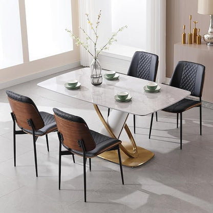 BV Dining Chairs Set of 2, PU Leather Armless Kitchen Chair in Modern Walnut Style, Mid Century Bentwood Side Chair with Metal Legs, Retro Accent Guest Chair for Kitchen Dining Room(Black)