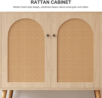Rattan Storage Cabinet, 2-Door Boho Sideboard in Oak, Adjustable Shelf, Elegant Rattan Buffet Cabinet with Storage for Stylish Home Organization 31.5" Oak