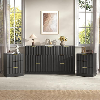 3-Piece Modern Bedroom Furniture Set, Wide 7-Drawer Dresser & 3-Drawer Nightstands Set of 2, Natural Wood Dresser and Nightstand Sets for Bedroom, Hallway, Black