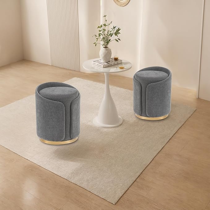 Swivel Vanity Stool with Gold Base Comfy Vanity Chair Modern Round Stool for Makeup Vanity Ottoman Foot Rest for Bedroom livingroom (Dark Gray)