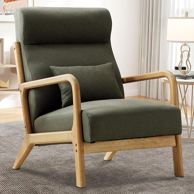 Accent Chair Mid Century Modern Chair Linen Fabric Living Room Chairs with Solid Wood Frame Comfy Upholstered and Lumbar Pillow Reading Side Chair Easy Assembly for Bedroom (2, Green)